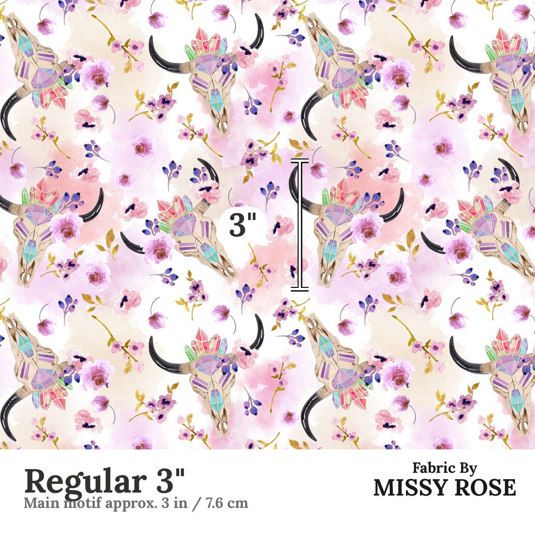 Design 1111 Purple Bullskull Fabric Regular 3 inch print scale guide | Fabric by Missy Rose