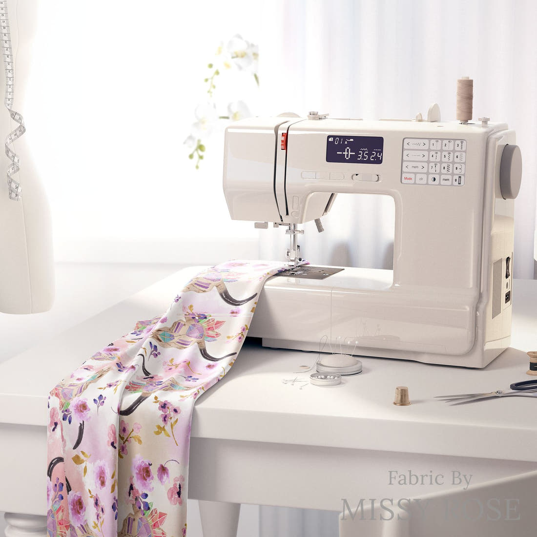 Design 1111 Purple Bullskull Fabric on a sewing machine – premium fabric for sewing projects | Fabric by Missy Rose