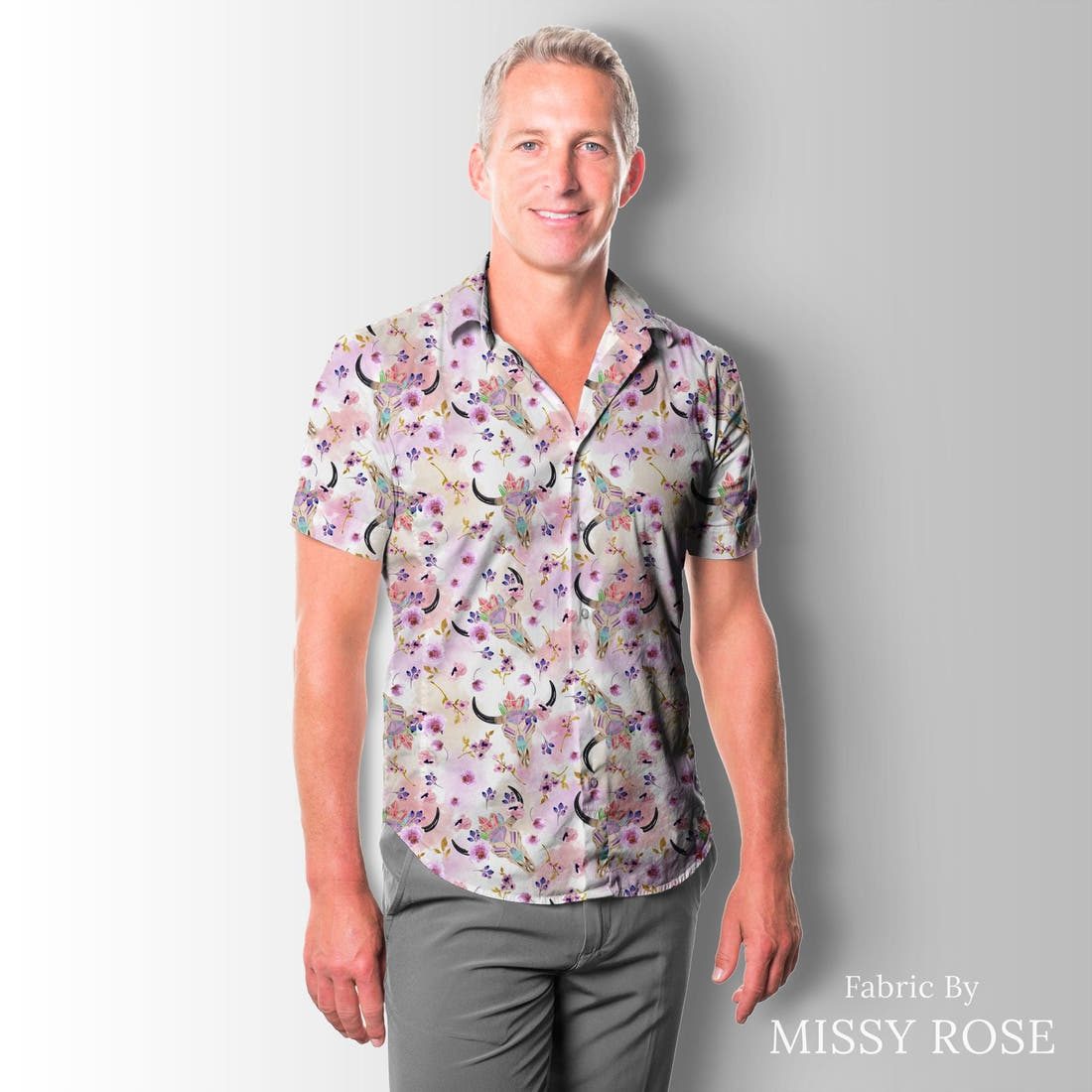 Design 1111 Purple Bullskull Fabric sewn into a men's shirt – see how the print looks made up | Fabric by Missy Rose