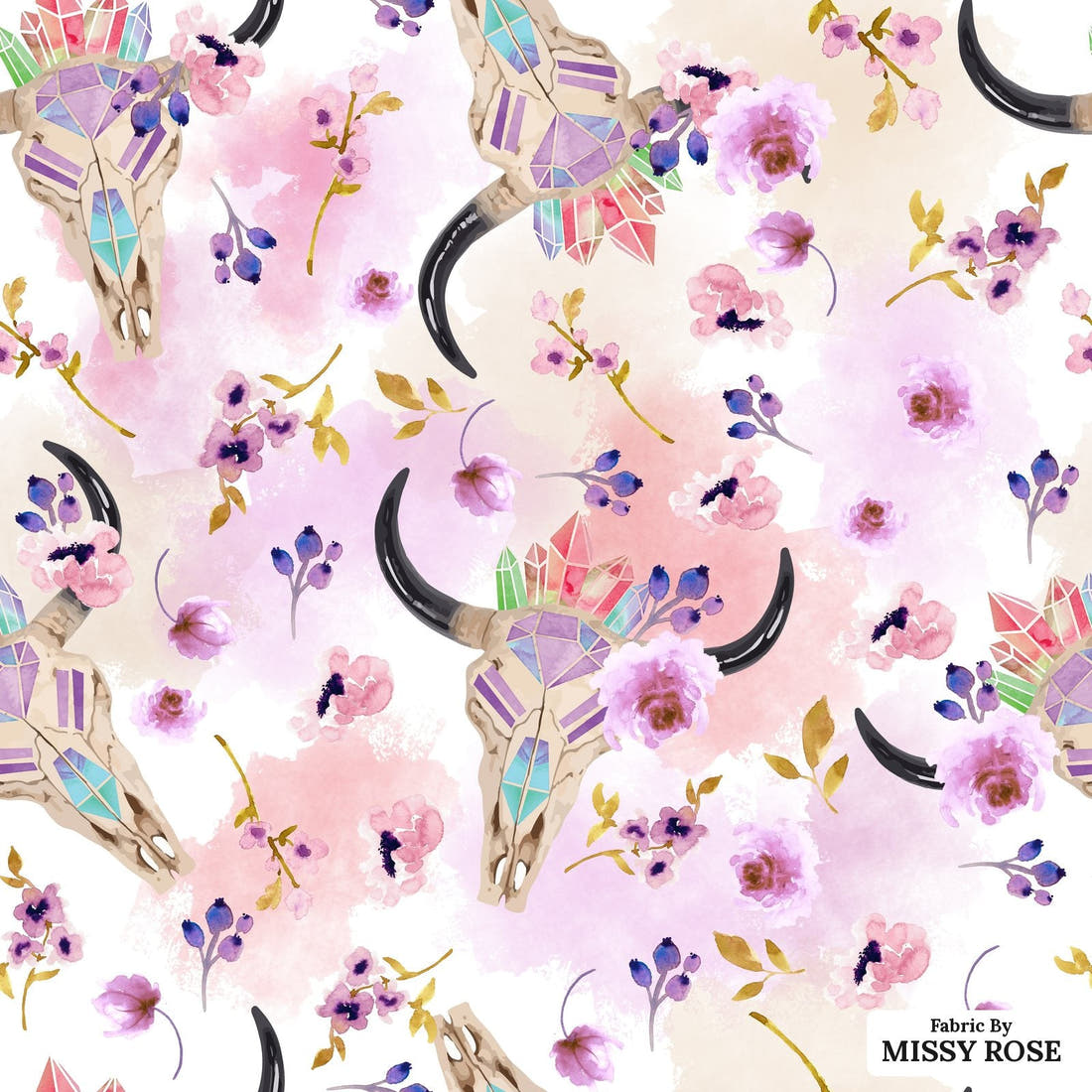 Design 1111 Purple Bullskull Fabric – flat view of the print, zoom in for detail | Fabric by Missy Rose