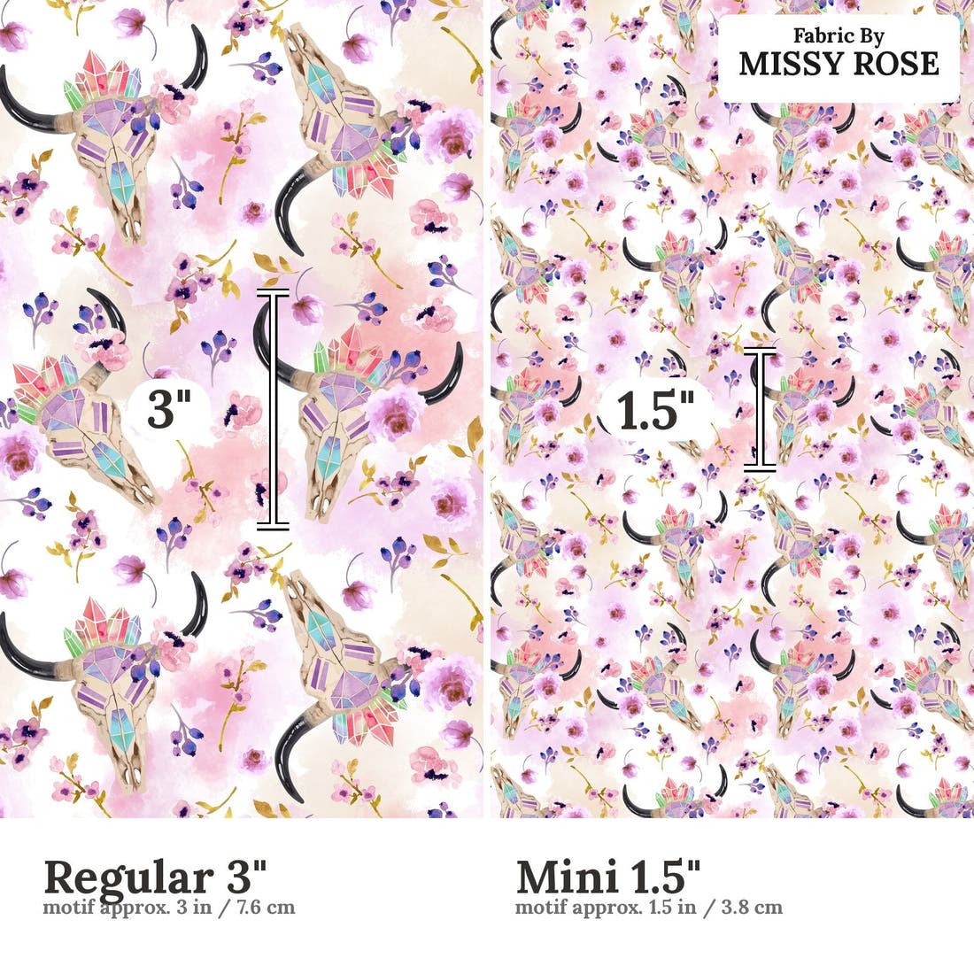 Design 1111 Purple Bullskull Fabric Regular 3 inch vs Mini 1.5 inch print scale side by side | Fabric by Missy Rose