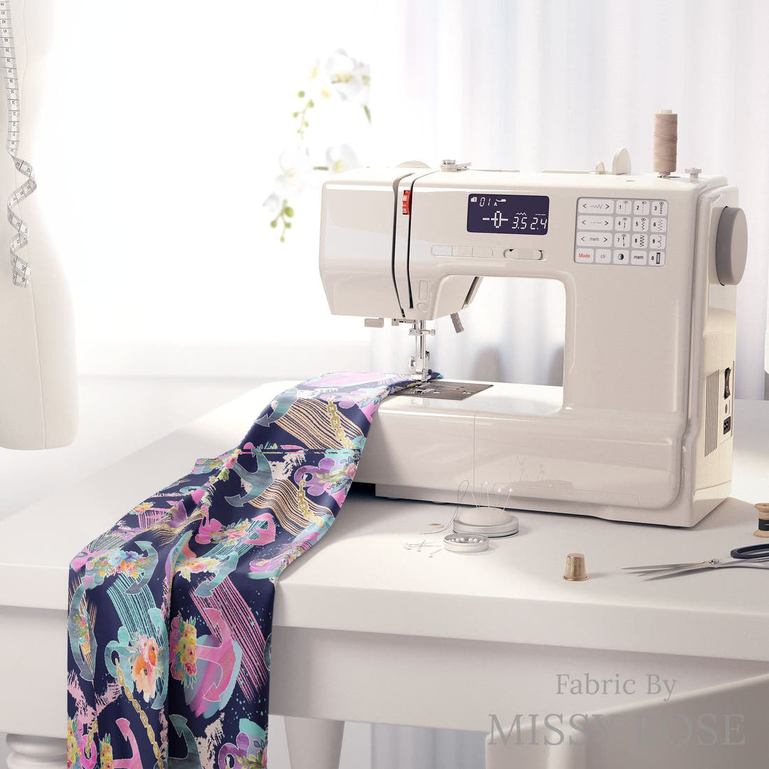 Design 1112 Anchor Fabric on a sewing machine – premium fabric for sewing projects | Fabric by Missy Rose
