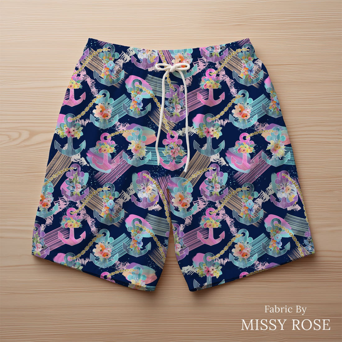 Design 1112 Anchor Fabric sewn into swim shorts – see how the print looks made up | Fabric by Missy Rose