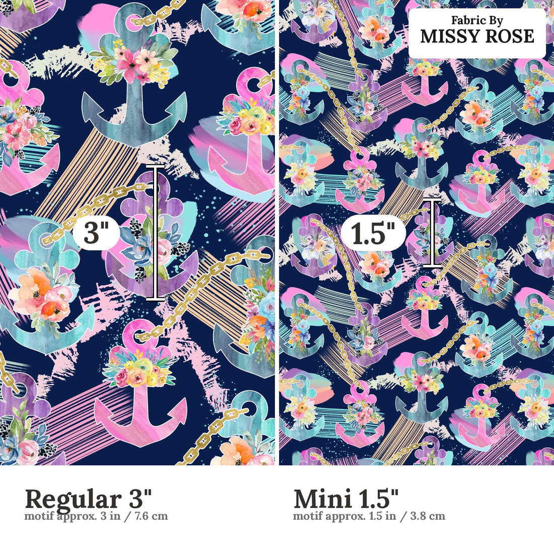 Design 1112 Anchor Fabric Regular 3 inch vs Mini 1.5 inch print scale side by side | Fabric by Missy Rose