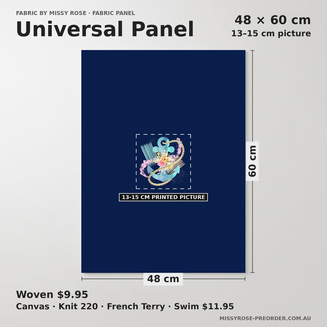 Design 1112 Anchor Panel universal panel sizing – 13–15 cm printed picture on 48 × 60 cm fabric | Fabric by Missy Rose