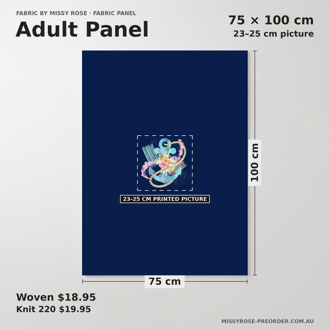 Design 1112 Anchor Panel adult panel sizing – 23–25 cm printed picture on 75 × 100 cm fabric | Fabric by Missy Rose