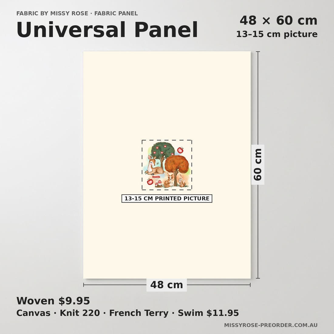 Design 1113 Woodlands Panel universal panel sizing – 13–15 cm printed picture on 48 × 60 cm fabric | Fabric by Missy Rose