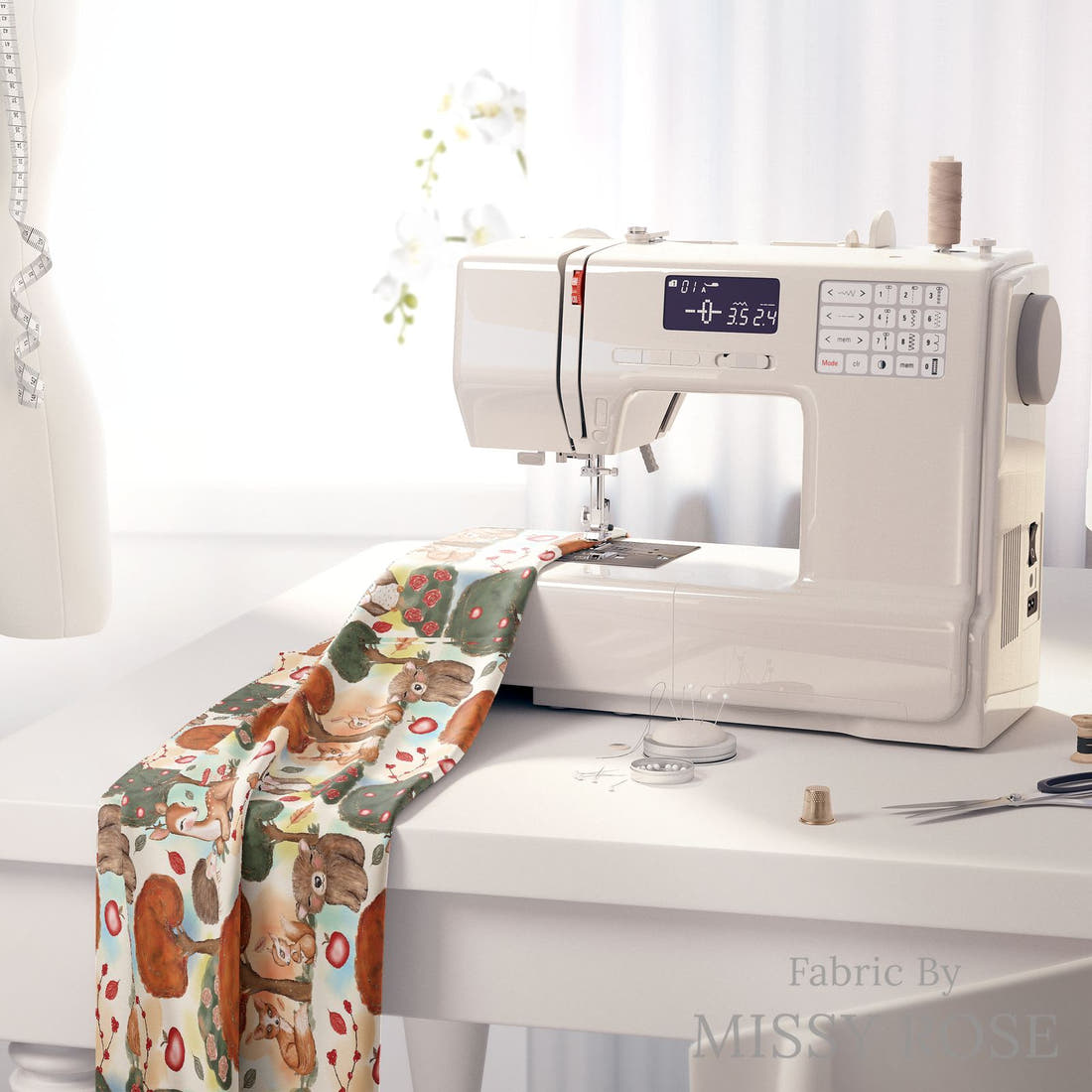 Design 1113 Woodlands Fabric on a sewing machine – premium fabric for sewing projects | Fabric by Missy Rose