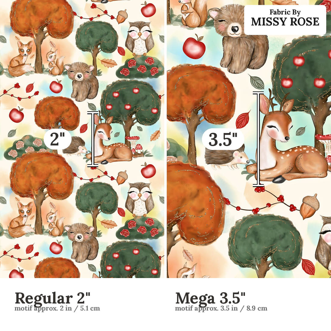 Design 1113 Woodlands Fabric Regular 2 inch vs Mega 3.5 inch print scale side by side | Fabric by Missy Rose