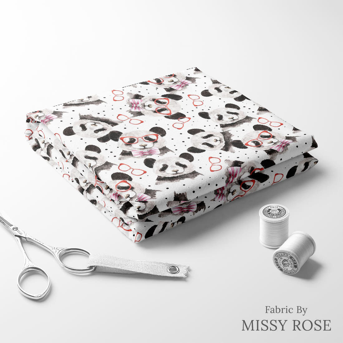Design 1114 Panda Fabric folded fabric stack with matching thread – pre-order fabric Australia | Fabric by Missy Rose