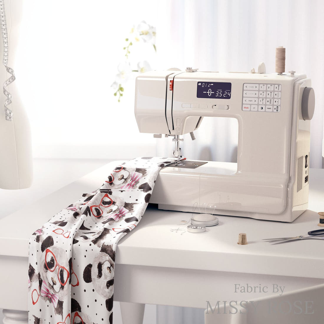 Design 1114 Panda Fabric on a sewing machine – premium fabric for sewing projects | Fabric by Missy Rose
