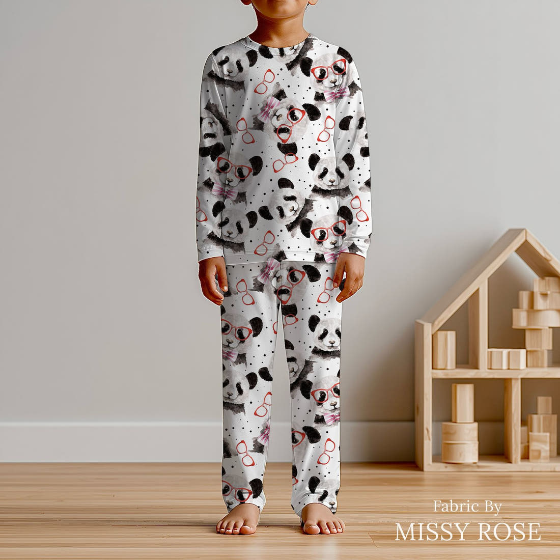 Design 1114 Panda Fabric sewn into kids' pyjamas – see how the print looks made up | Fabric by Missy Rose