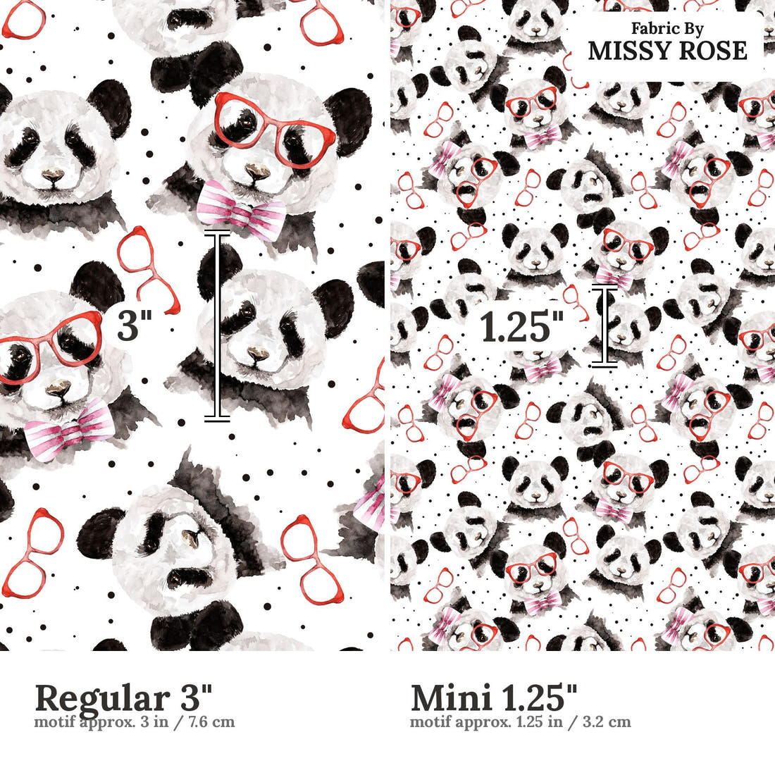 Design 1114 Panda Fabric Regular 3 inch vs Mini 1.25 inch print scale side by side | Fabric by Missy Rose