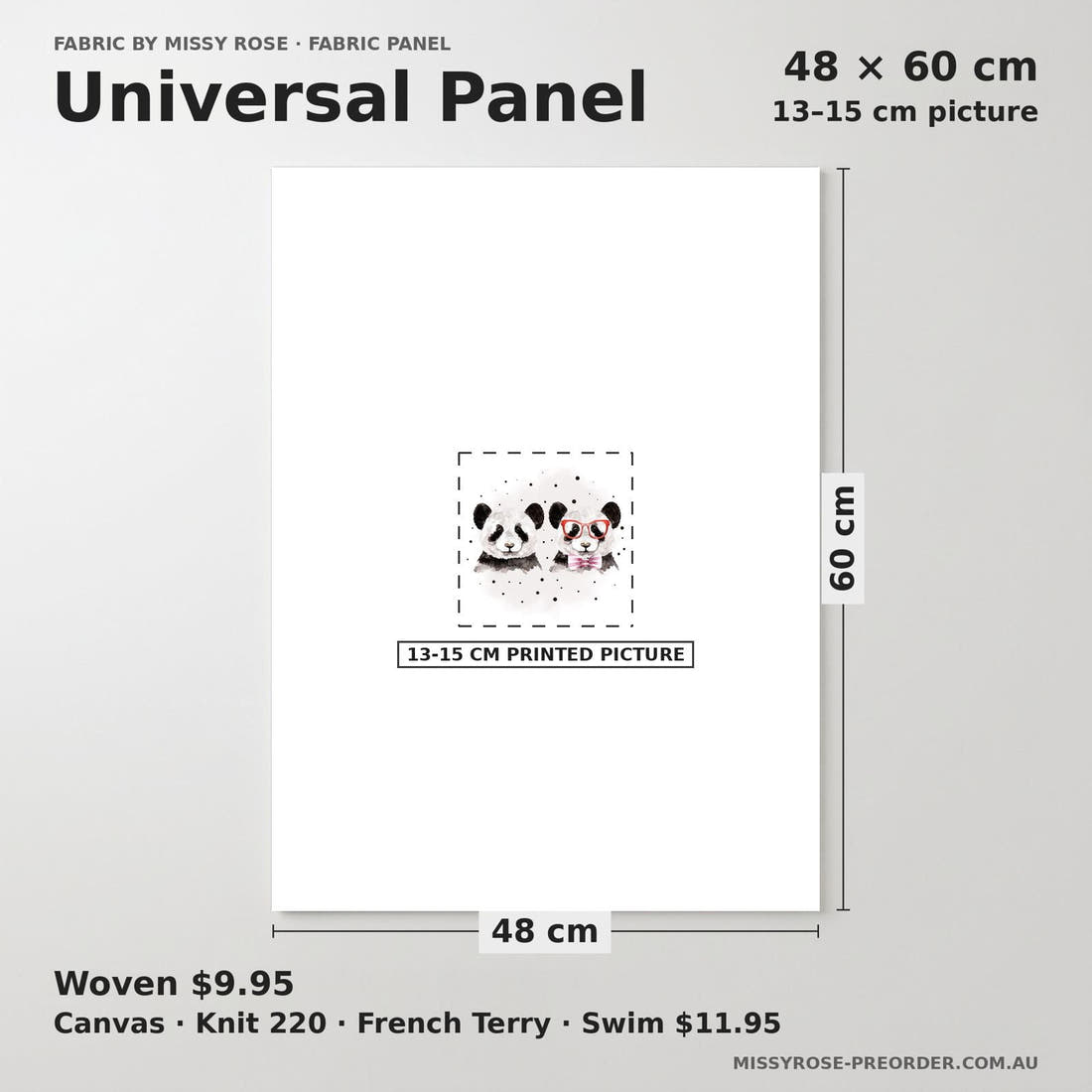 Design 1114 Panda Panel universal panel sizing – 13–15 cm printed picture on 48 × 60 cm fabric | Fabric by Missy Rose
