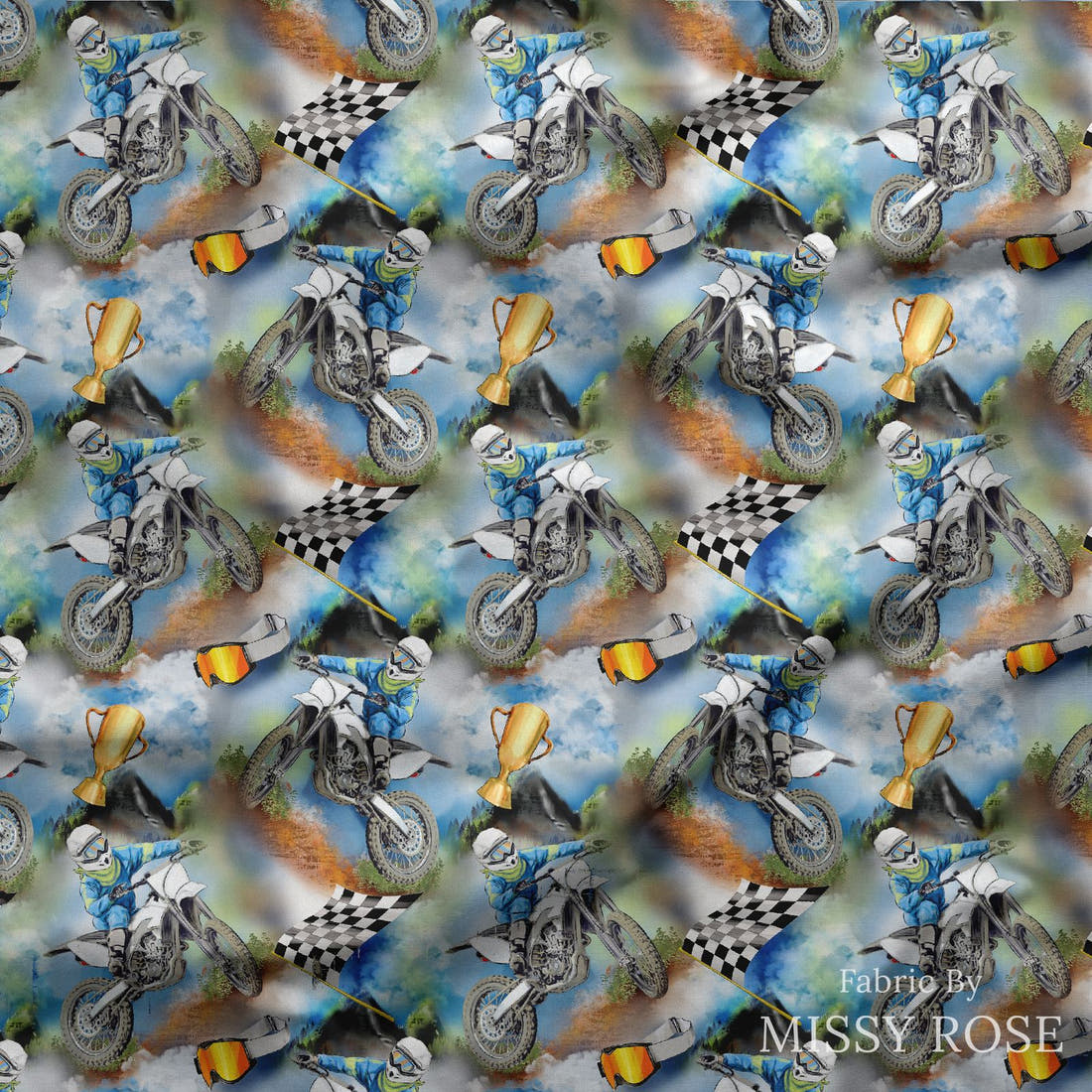 Design 1115 Dirtbike Fabric draped fabric mockup – custom printed fabric by the metre | Fabric by Missy Rose