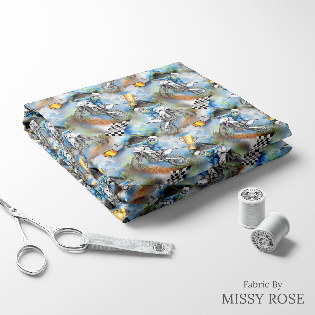 Design 1115 Dirtbike Fabric folded fabric stack with matching thread – pre-order fabric Australia | Fabric by Missy Rose