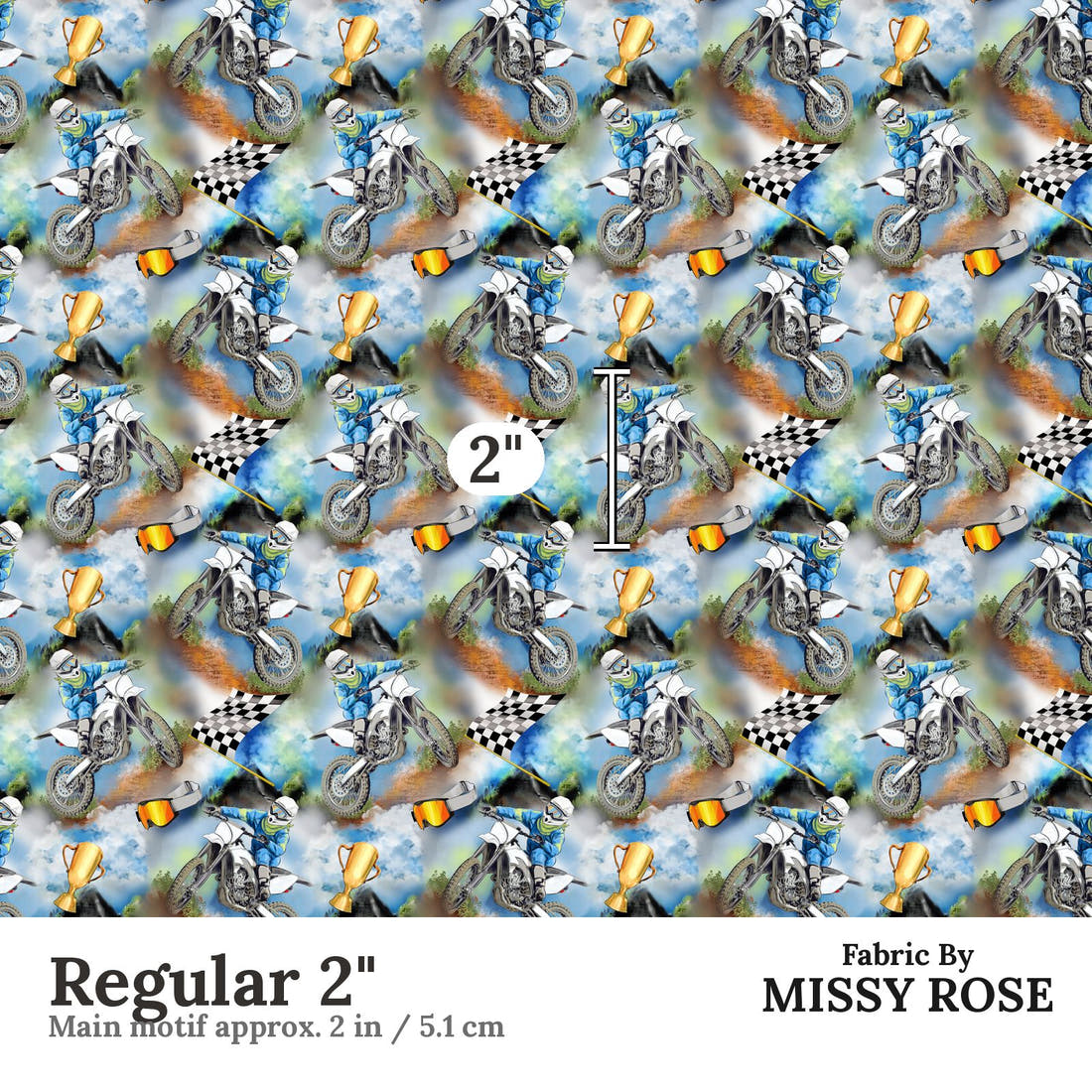Design 1115 Dirtbike Fabric Regular 2 inch print scale guide | Fabric by Missy Rose