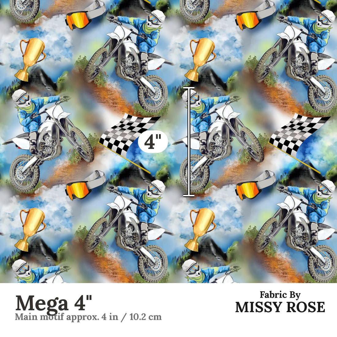Design 1115 Dirtbike Fabric Mega 4 inch print scale guide | Fabric by Missy Rose