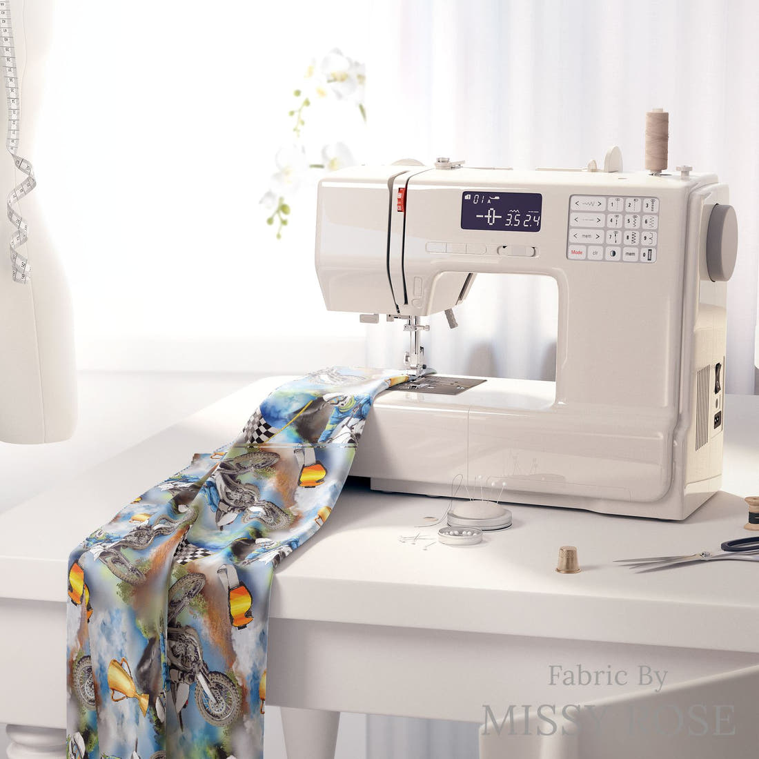 Design 1115 Dirtbike Fabric on a sewing machine – premium fabric for sewing projects | Fabric by Missy Rose