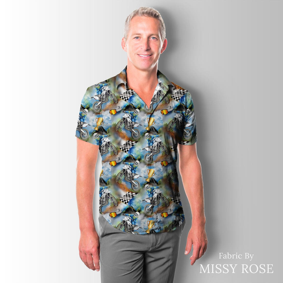 Design 1115 Dirtbike Fabric sewn into a men's shirt – see how the print looks made up | Fabric by Missy Rose