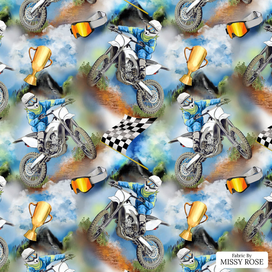 Design 1115 Dirtbike Fabric – flat view of the print, zoom in for detail | Fabric by Missy Rose