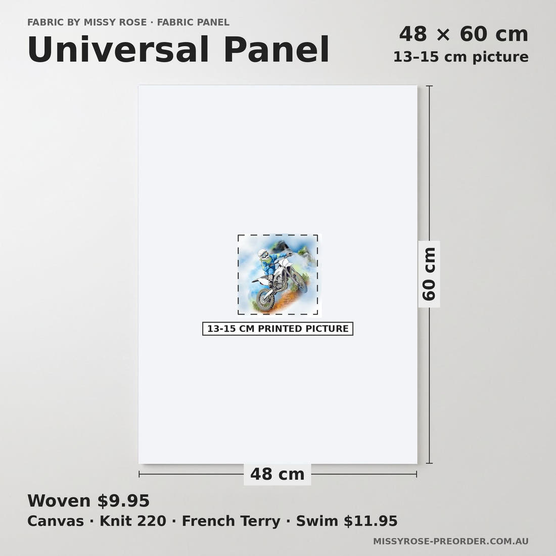 Design 1115 Dirtbike Panel universal panel sizing – 13–15 cm printed picture on 48 × 60 cm fabric | Fabric by Missy Rose