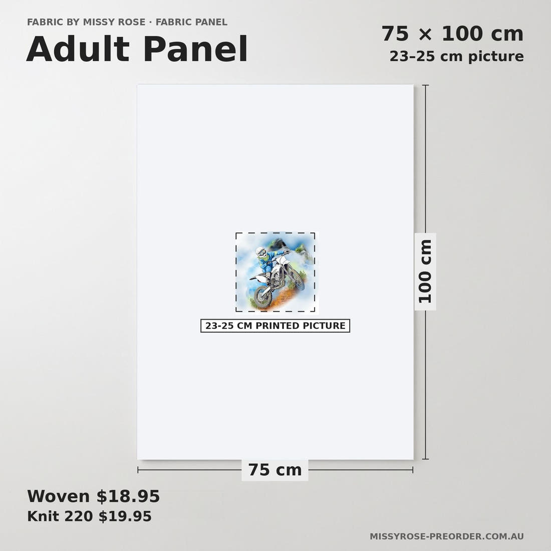 Design 1115 Dirtbike Panel adult panel sizing – 23–25 cm printed picture on 75 × 100 cm fabric | Fabric by Missy Rose