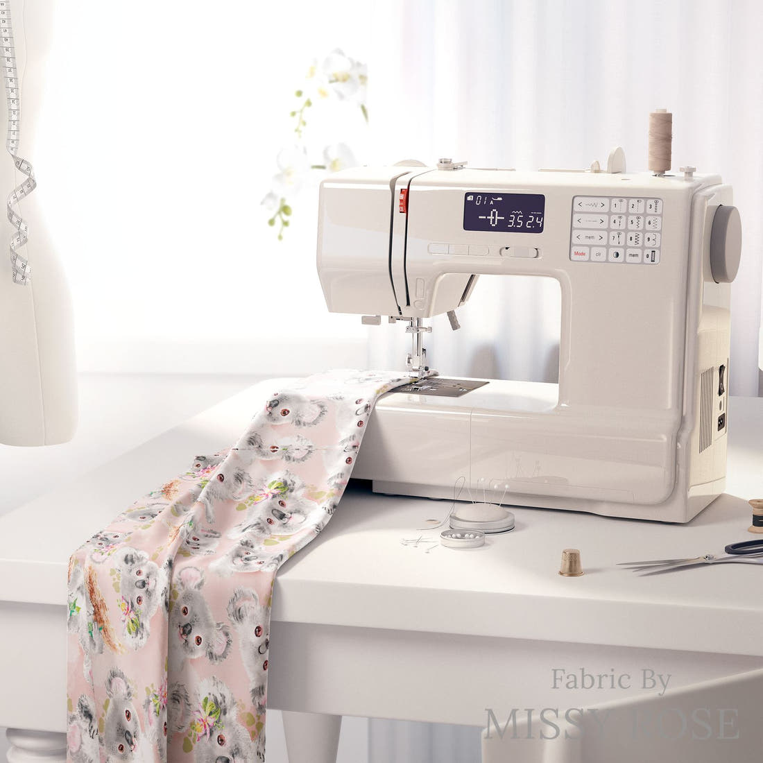 Design 1116 Koala Fabric on a sewing machine – premium fabric for sewing projects | Fabric by Missy Rose