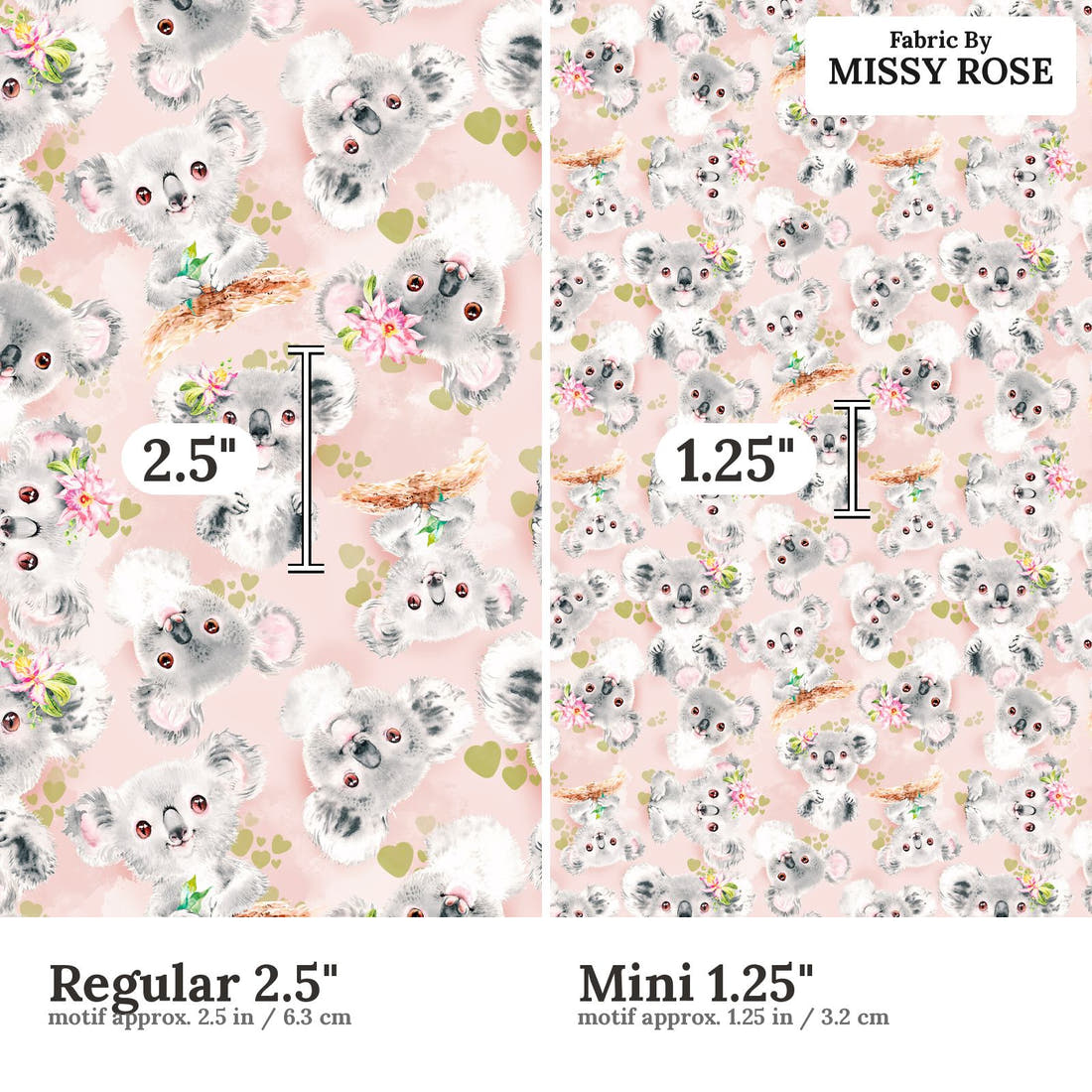 Design 1116 Koala Fabric Regular 2.5 inch vs Mini 1.25 inch print scale side by side | Fabric by Missy Rose