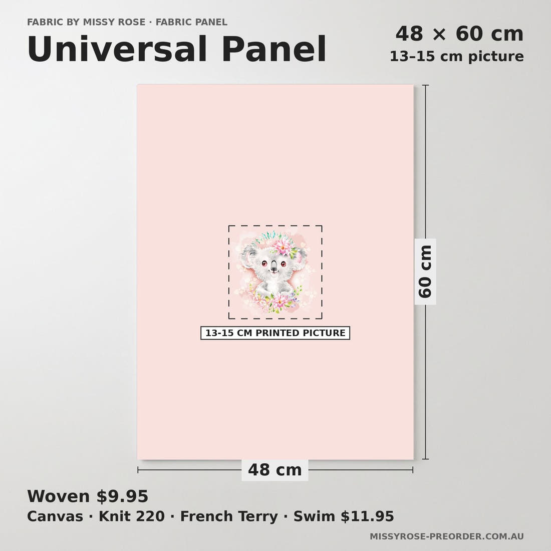 Design 1116 Koala Panel universal panel sizing – 13–15 cm printed picture on 48 × 60 cm fabric | Fabric by Missy Rose