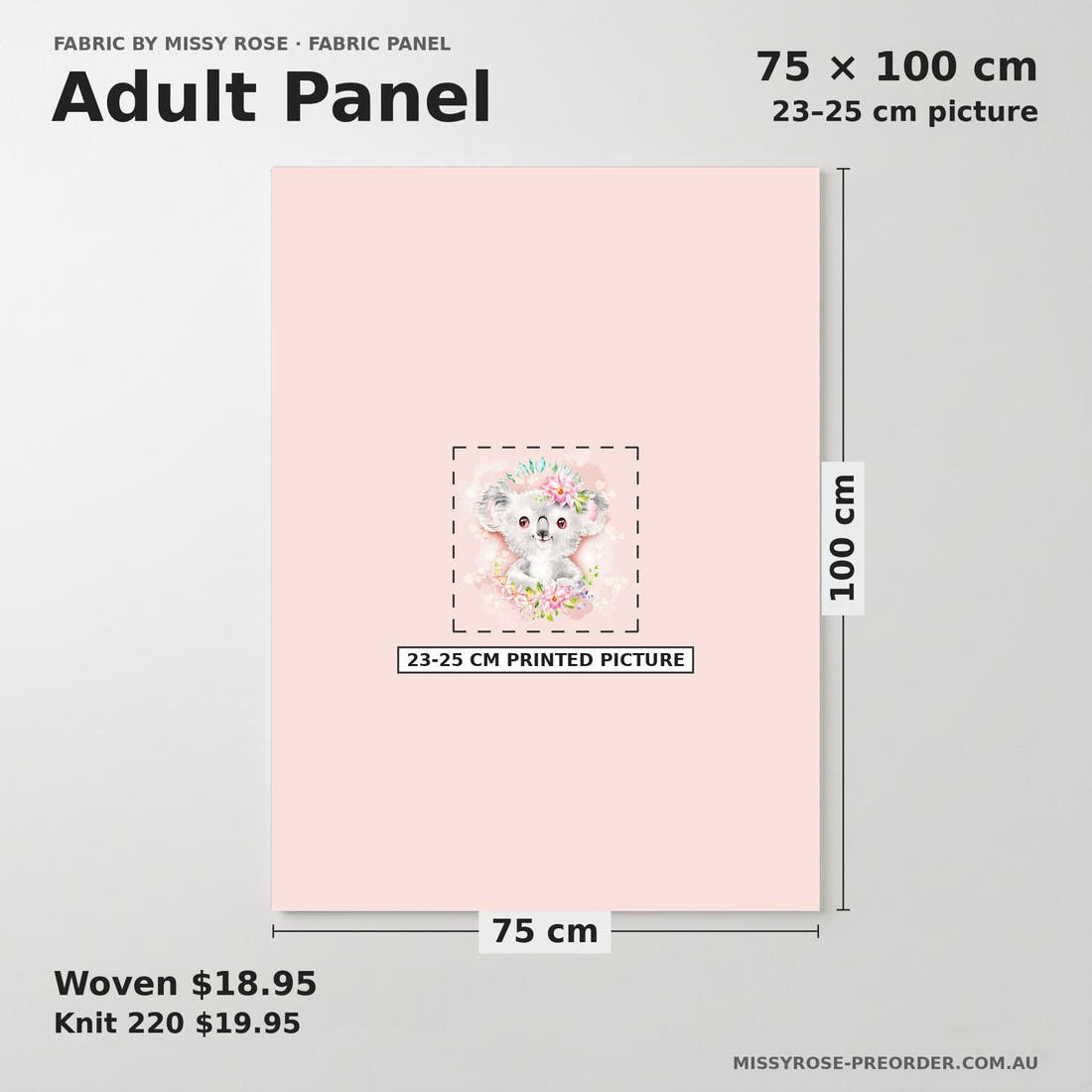 Design 1116 Koala Panel adult panel sizing – 23–25 cm printed picture on 75 × 100 cm fabric | Fabric by Missy Rose