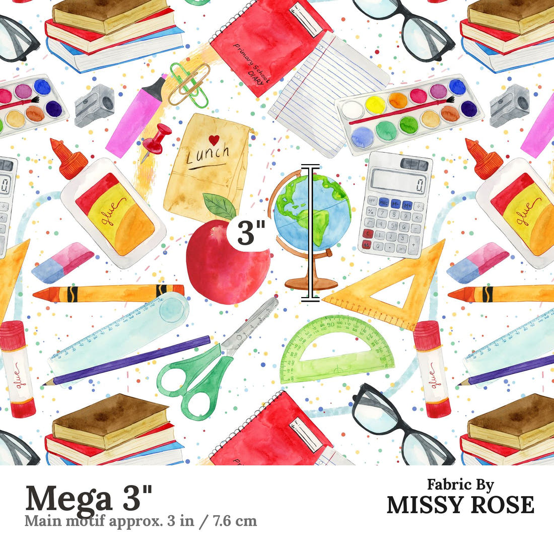 Design 1117 School Fabric Mega 3 inch print scale guide | Fabric by Missy Rose