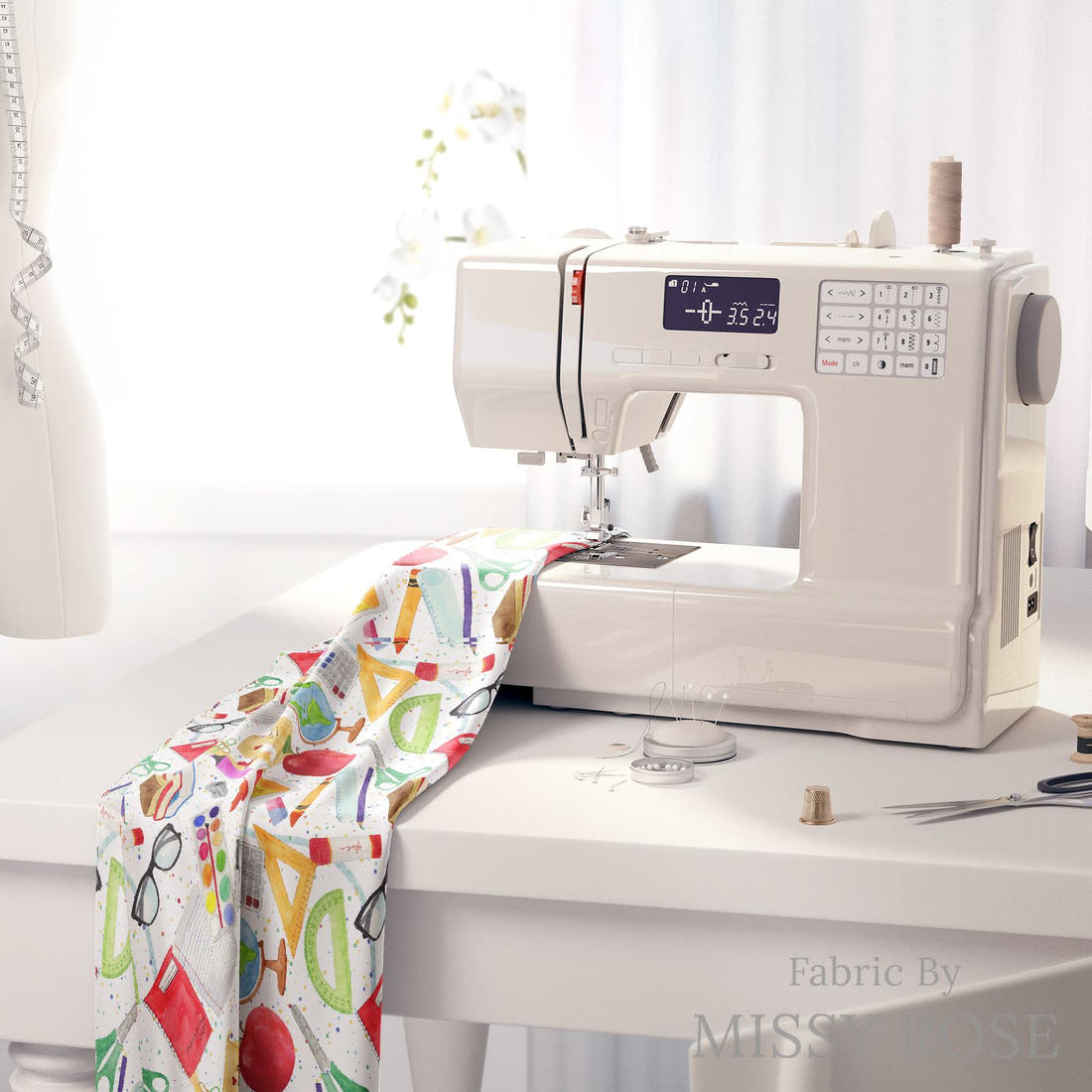 Design 1117 School Fabric on a sewing machine – premium fabric for sewing projects | Fabric by Missy Rose