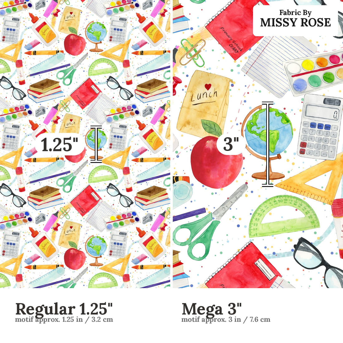 Design 1117 School Fabric Regular 1.25 inch vs Mega 3 inch print scale side by side | Fabric by Missy Rose