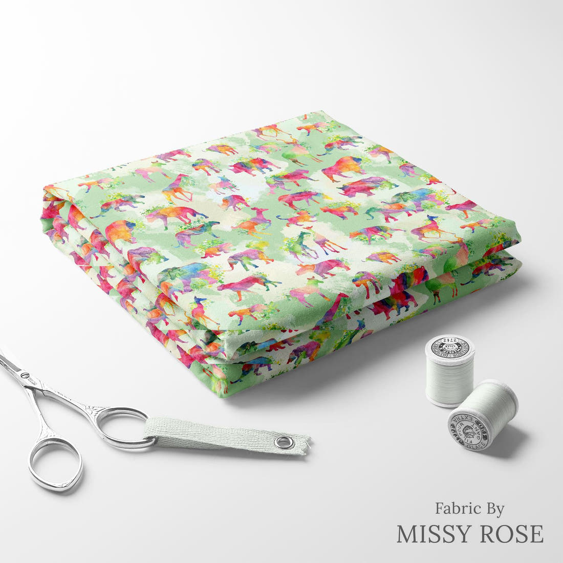 Design 1118 Green Safari Animals Fabric folded fabric stack with matching thread – pre-order fabric Australia | Fabric by Missy Rose
