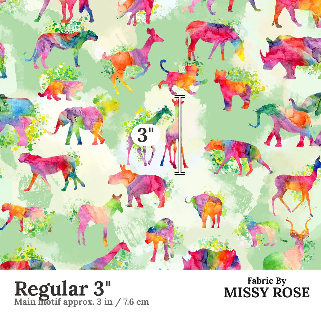 Design 1118 Green Safari Animals Fabric Regular 3 inch print scale guide | Fabric by Missy Rose