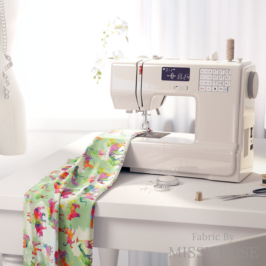 Design 1118 Green Safari Animals Fabric on a sewing machine – premium fabric for sewing projects | Fabric by Missy Rose