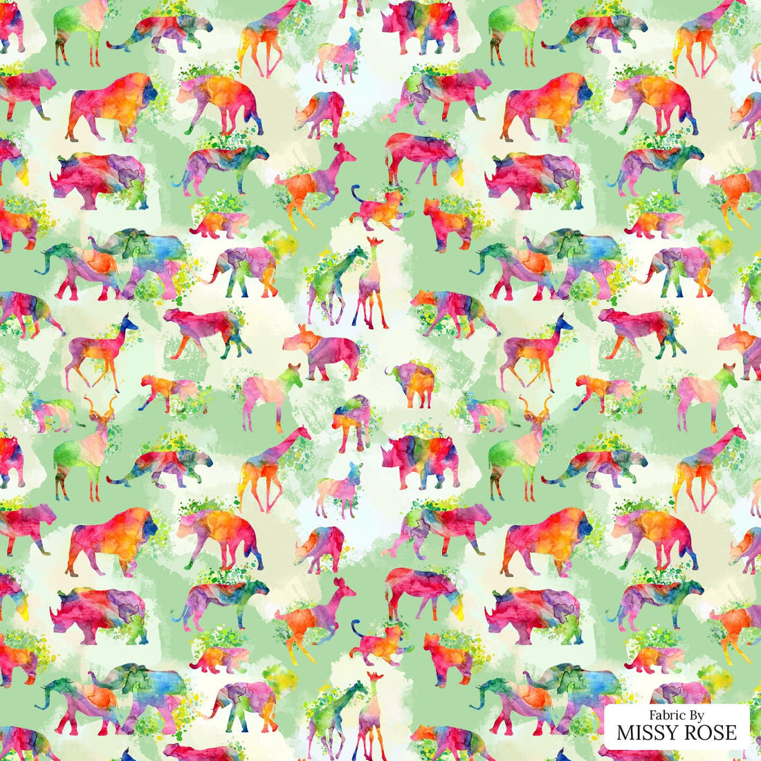 Design 1118 Green Safari Animals Fabric – flat view of the print, zoom in for detail | Fabric by Missy Rose