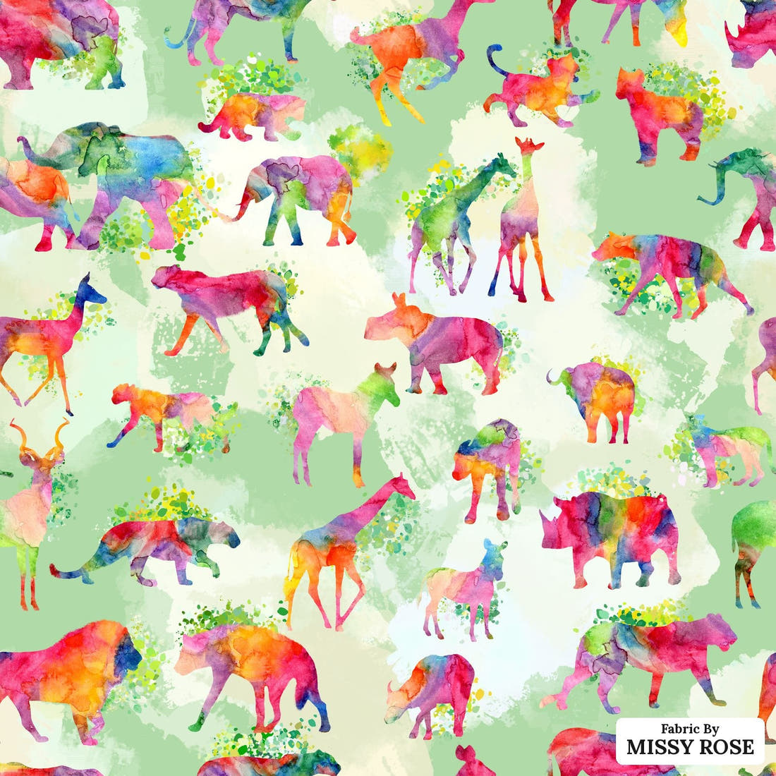 Design 1118 Green Safari Animals Fabric – flat view of the print, zoom in for detail | Fabric by Missy Rose