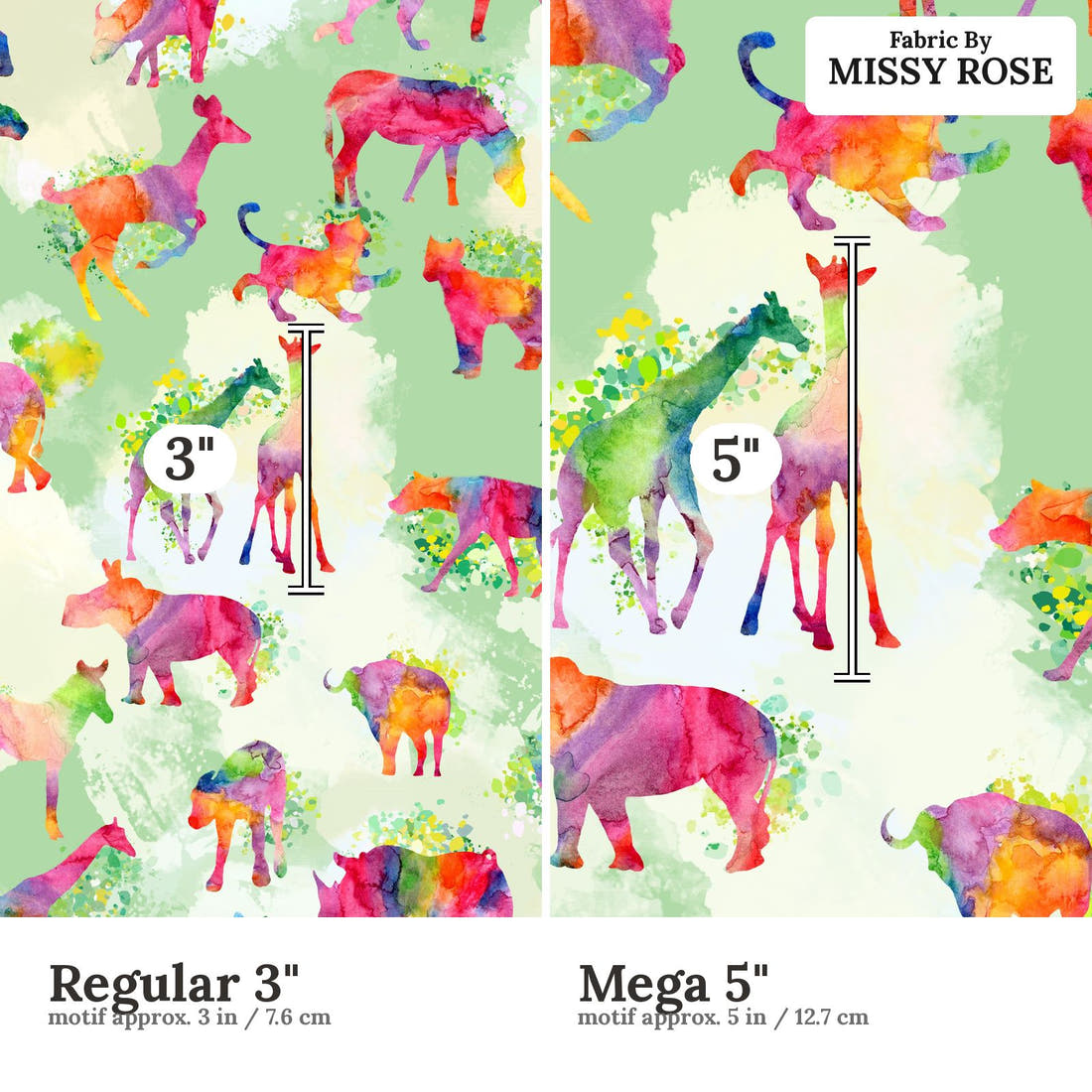 Design 1118 Green Safari Animals Fabric Regular 3 inch vs Mega 5 inch print scale side by side | Fabric by Missy Rose