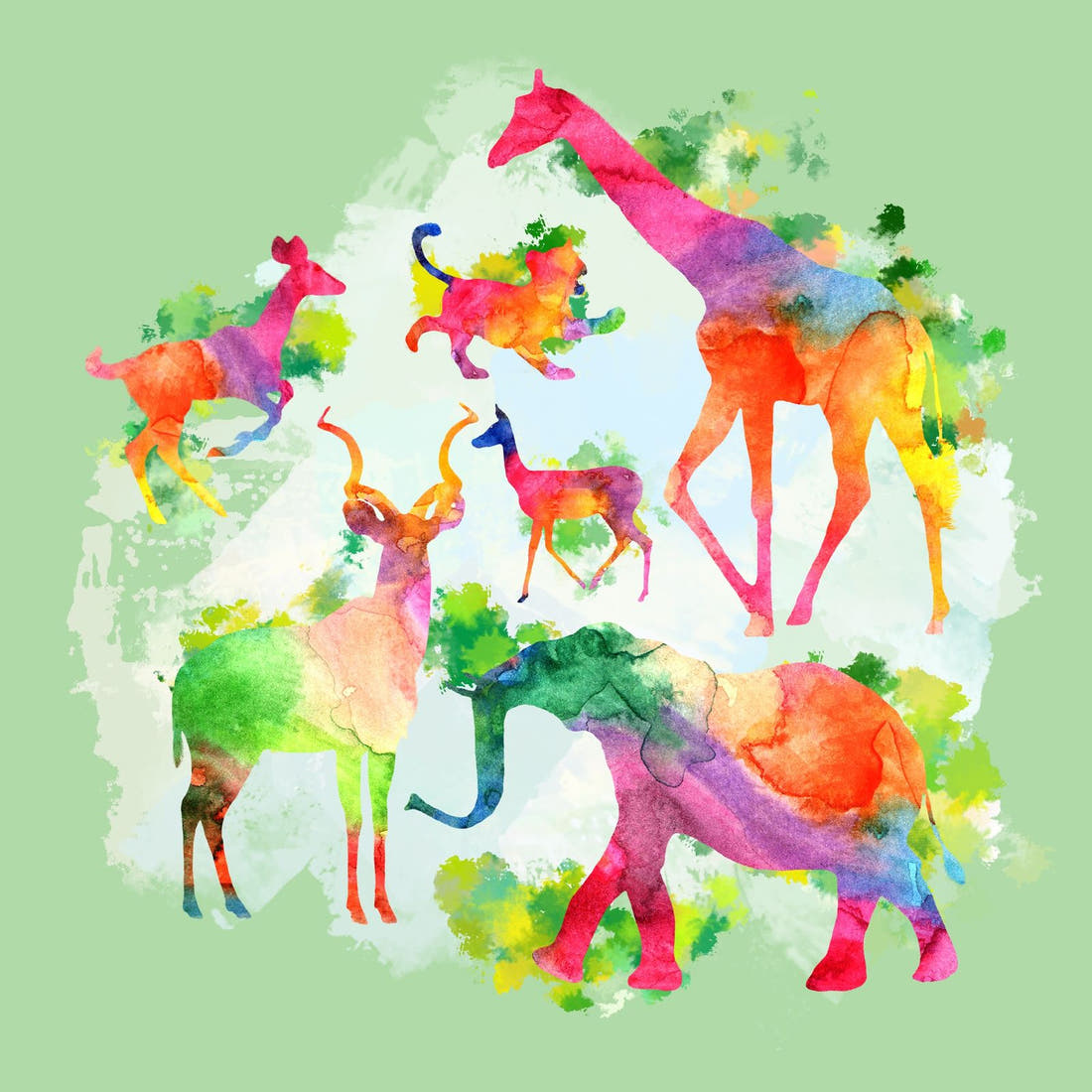 Design 1118 Green Safari Animals Panel – full artwork close-up of the printed picture | Fabric by Missy Rose