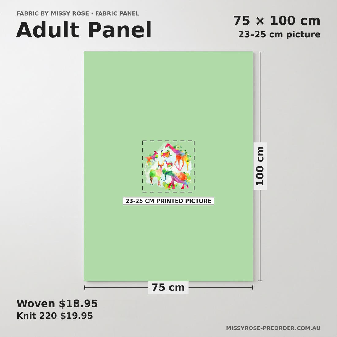 Design 1118 Green Safari Animals Panel adult panel sizing – 23–25 cm printed picture on 75 × 100 cm fabric | Fabric by Missy Rose