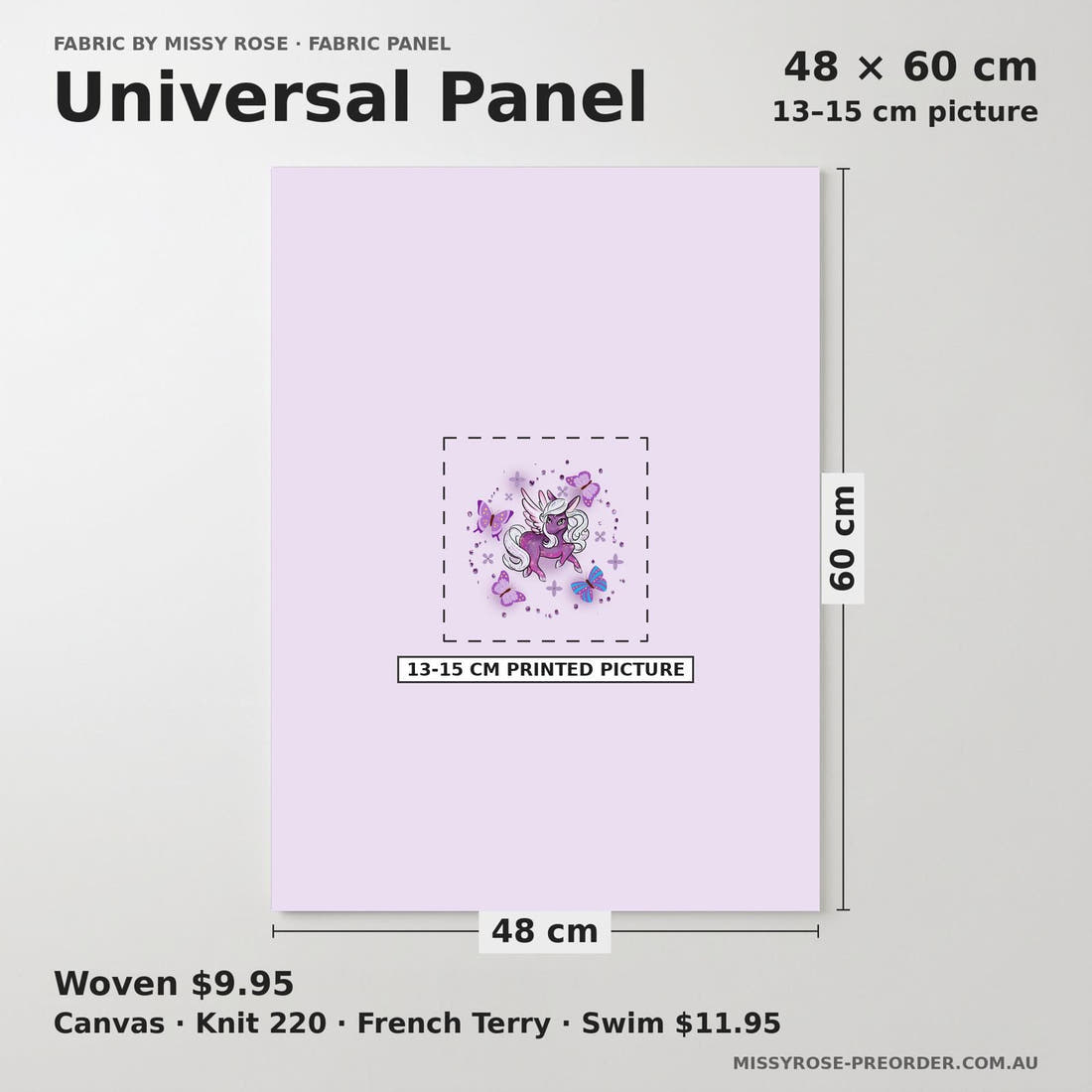 Design 1119 Purple Pegasus Panel universal panel sizing – 13–15 cm printed picture on 48 × 60 cm fabric | Fabric by Missy Rose