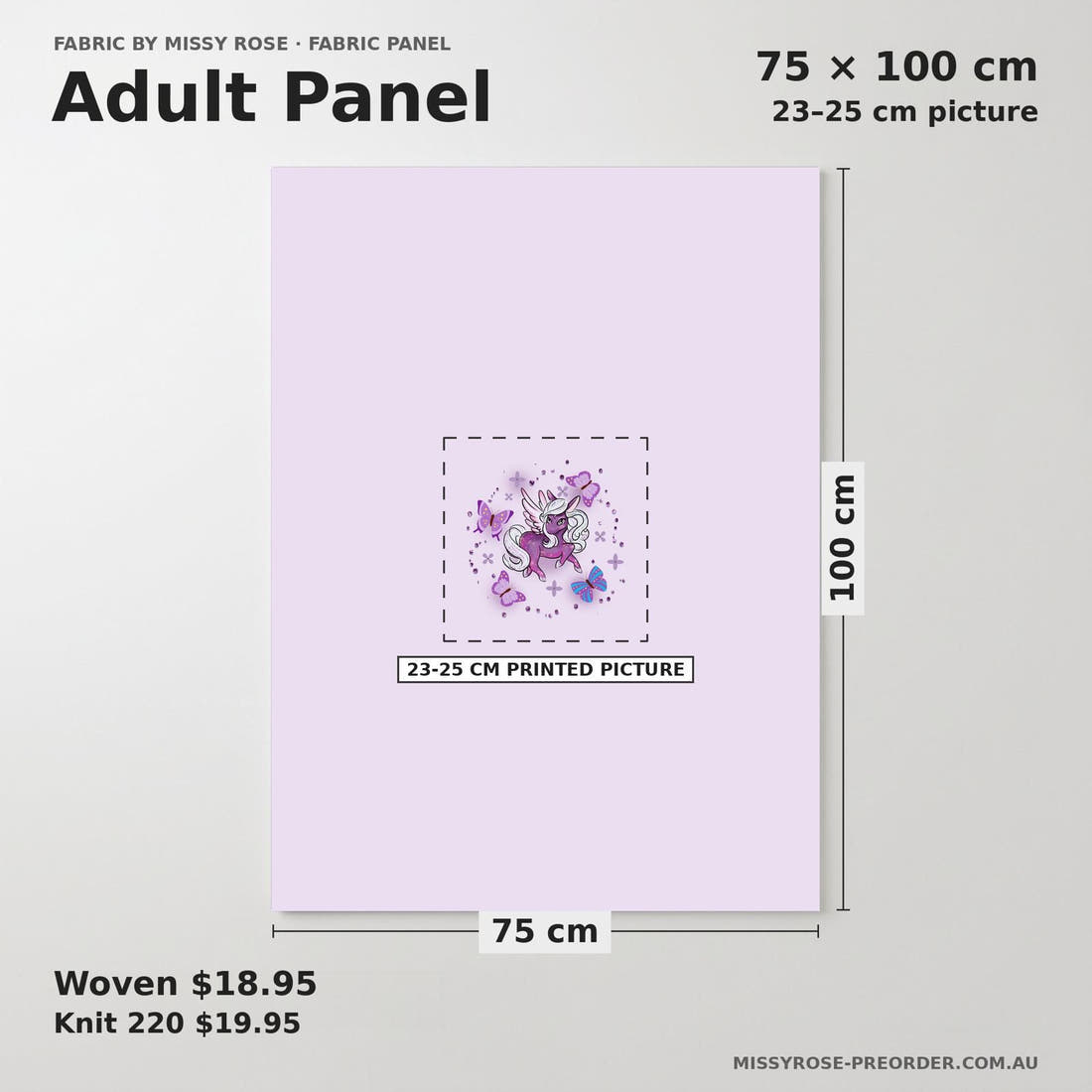 Design 1119 Purple Pegasus Panel adult panel sizing – 23–25 cm printed picture on 75 × 100 cm fabric | Fabric by Missy Rose