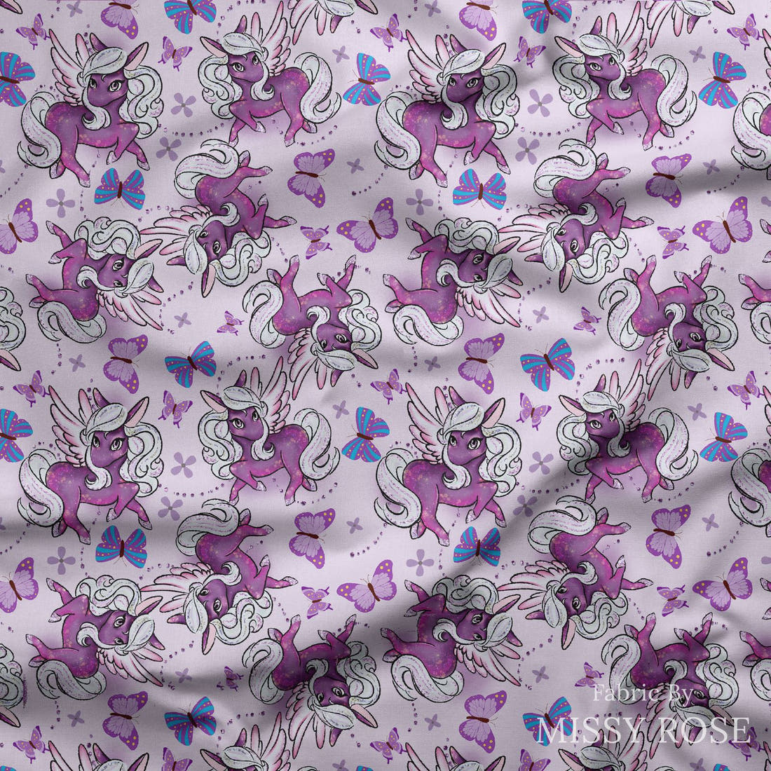 Design 1119 Purple Pegasus Fabric draped fabric mockup – custom printed fabric by the metre | Fabric by Missy Rose