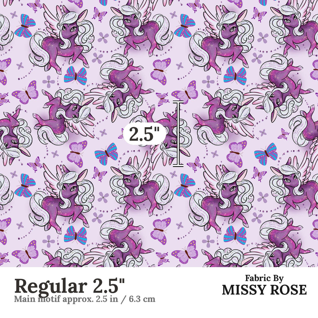 Design 1119 Purple Pegasus Fabric Regular 2.5 inch print scale guide | Fabric by Missy Rose