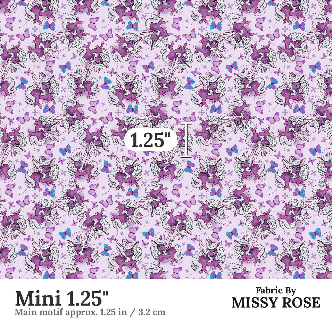 Design 1119 Purple Pegasus Fabric Mini 1.25 inch print scale guide | Fabric by Missy Rose