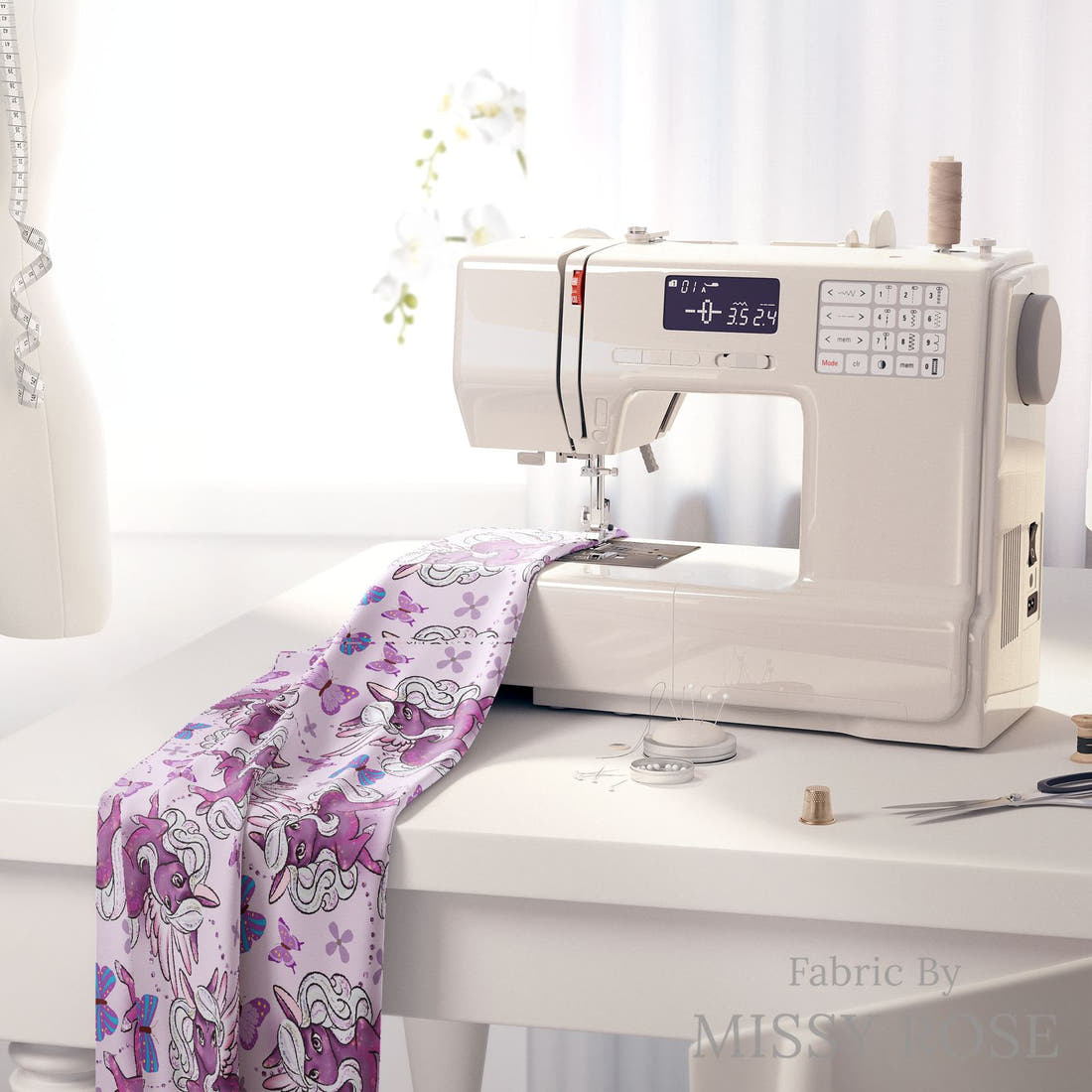Design 1119 Purple Pegasus Fabric on a sewing machine – premium fabric for sewing projects | Fabric by Missy Rose