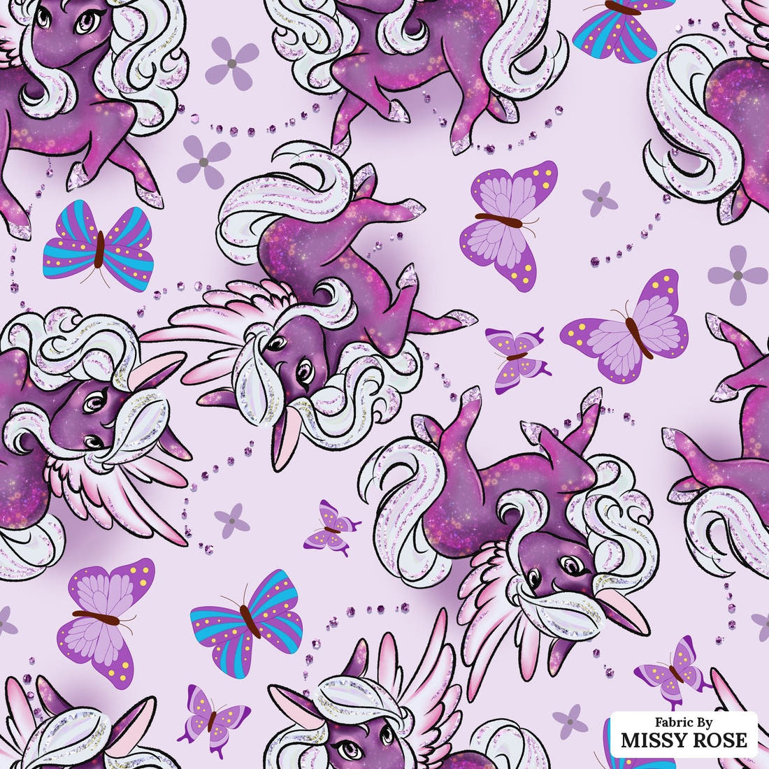 Design 1119 Purple Pegasus Fabric – flat view of the print, zoom in for detail | Fabric by Missy Rose
