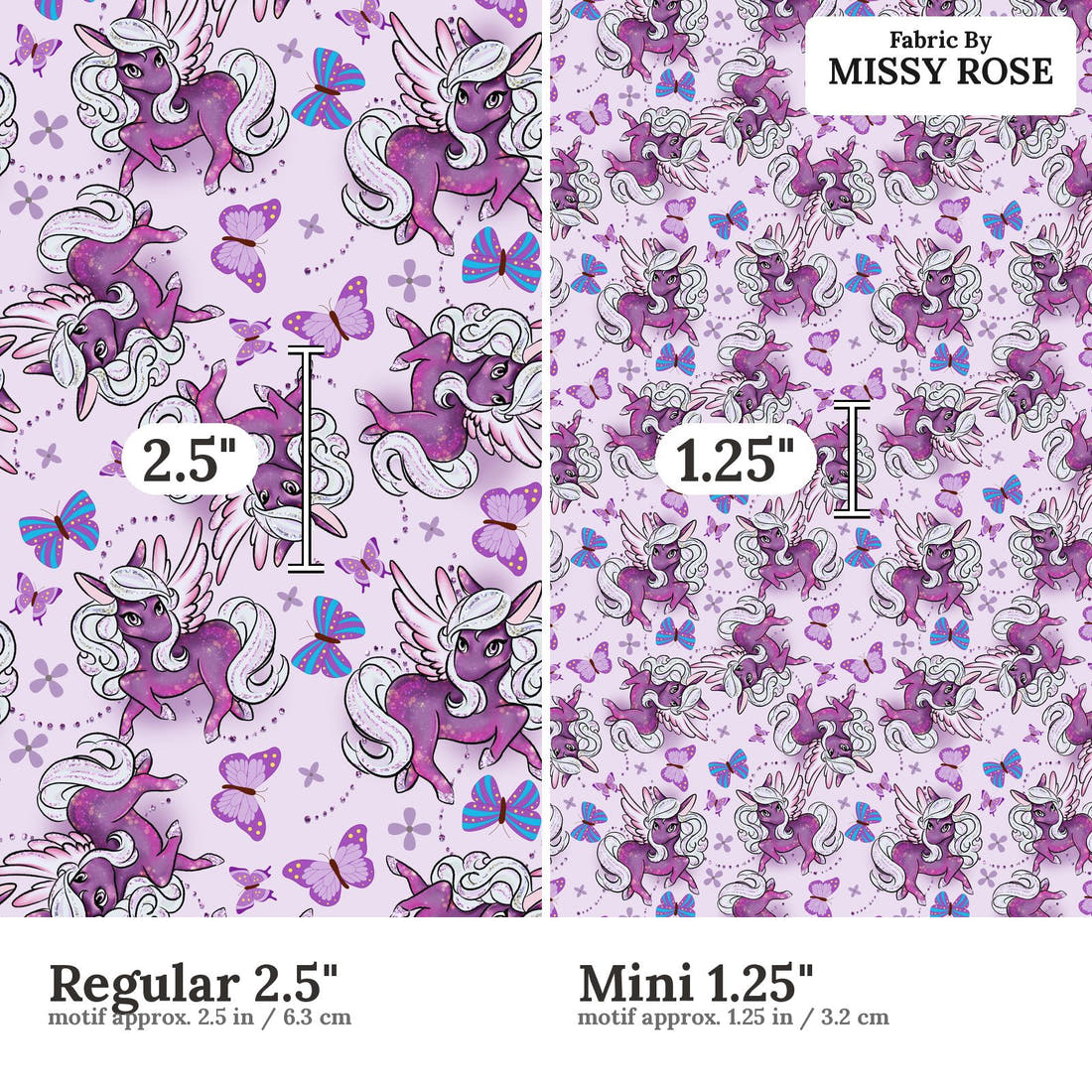 Design 1119 Purple Pegasus Fabric Regular 2.5 inch vs Mini 1.25 inch print scale side by side | Fabric by Missy Rose